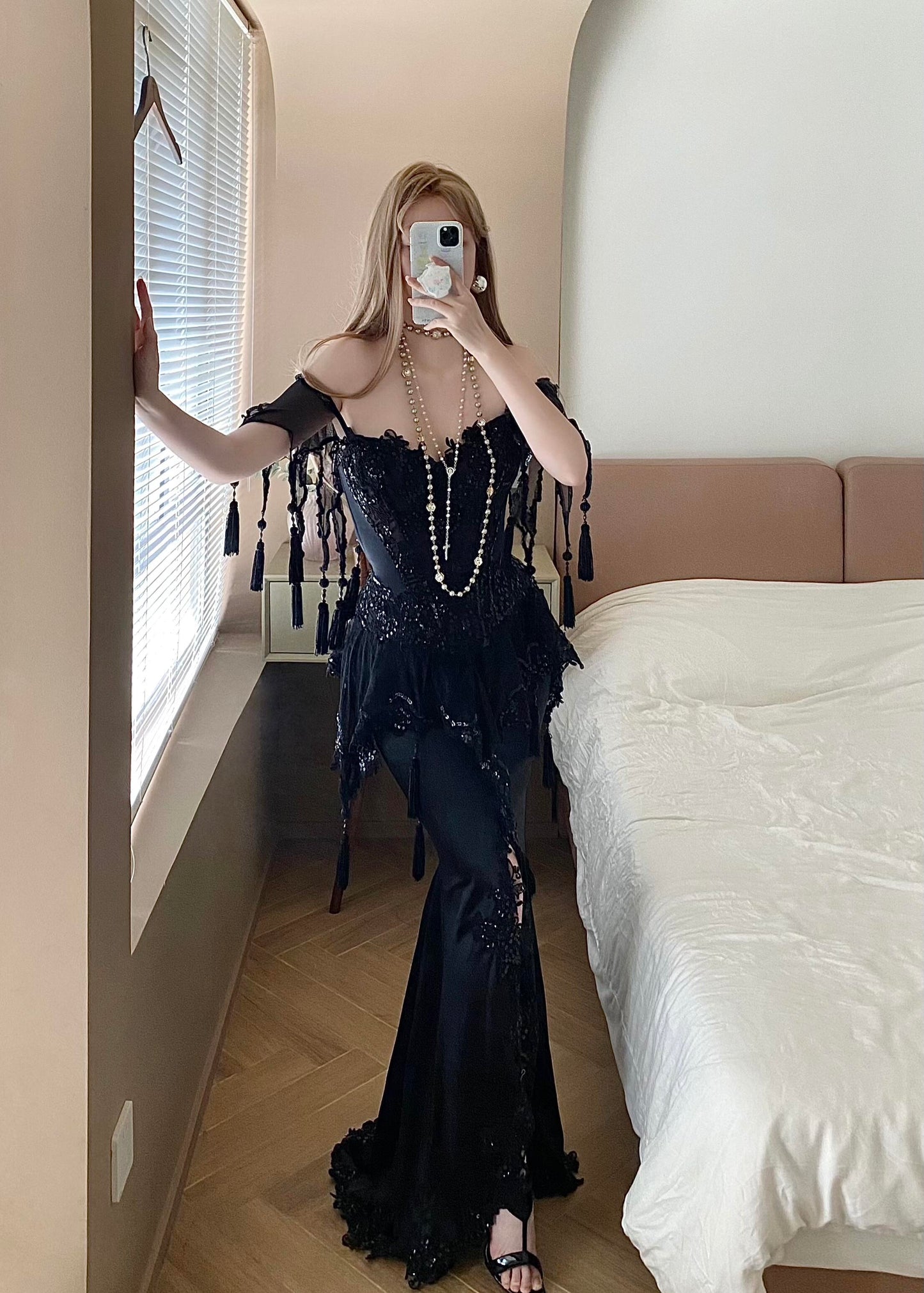 Black Beaded Corset Set