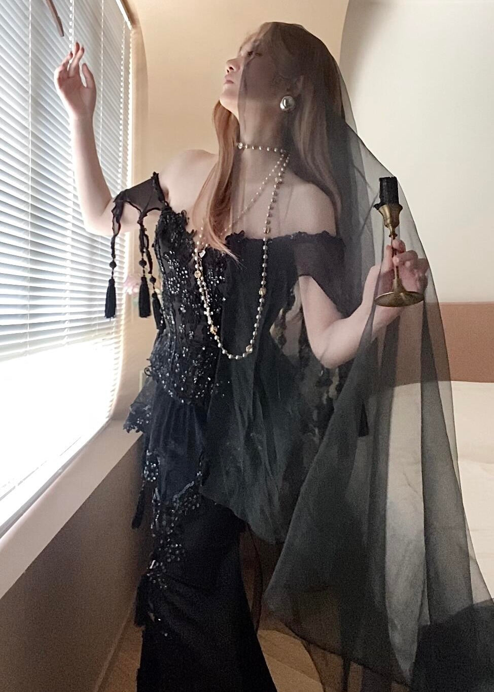 Black Beaded Corset Set